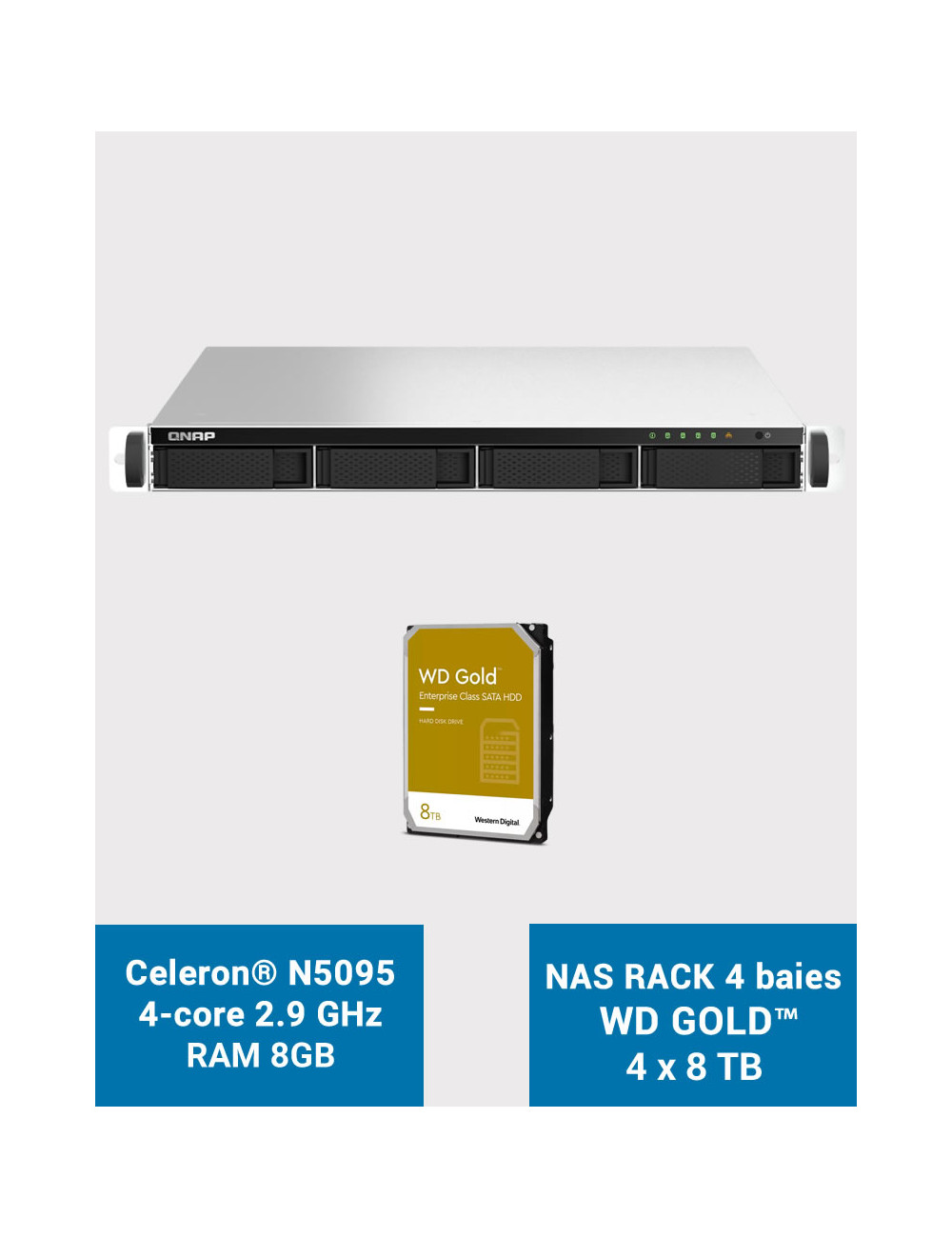 QNAP TS-464U 8GB Servidor NAS rack 1U 4 bahías WD GOLD 32TB (4x8TB)