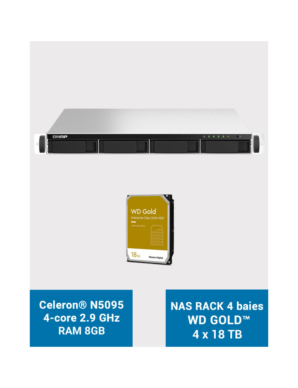 QNAP TS-464U 8GB Servidor NAS rack 1U 4 bahías WD GOLD 72TB (4x18TB)