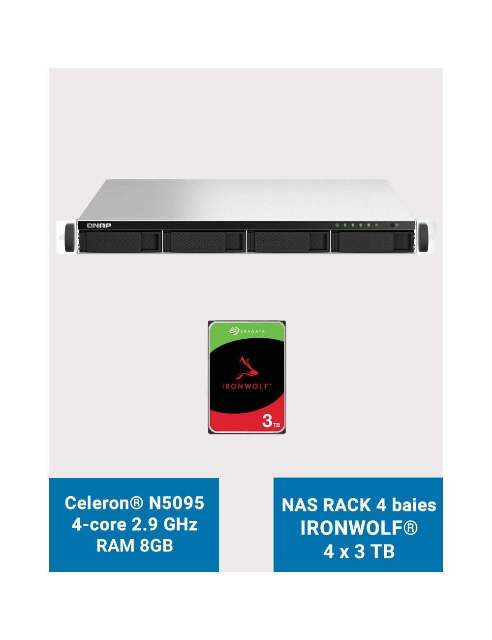 QNAP TS-464U 8GB Servidor NAS rack 1U 4 bahías IRONWOLF 12TB (4x3TB)