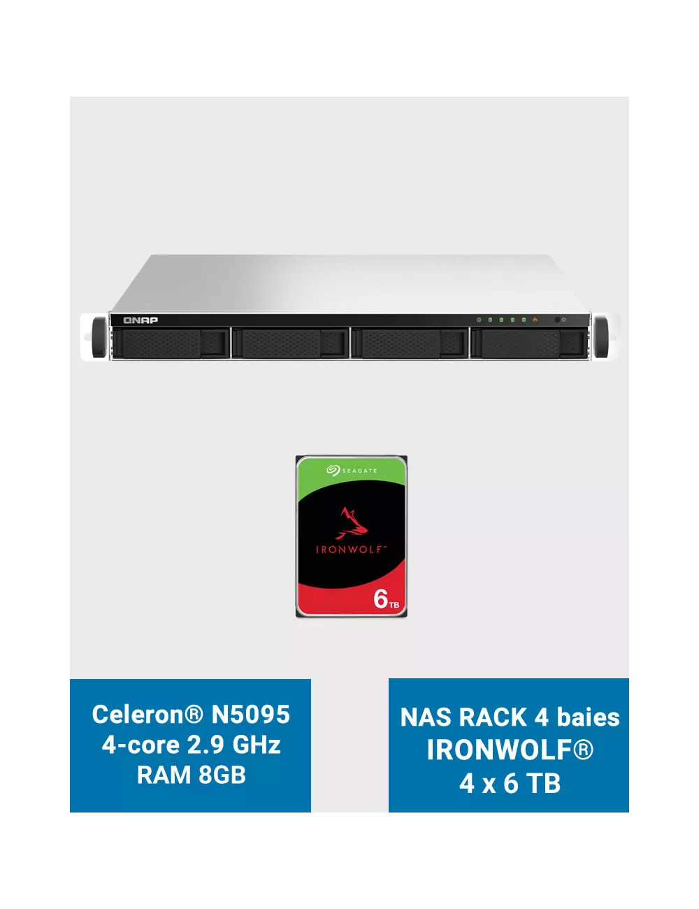 QNAP TS-464U 8GB Serveur NAS Rack 1U 4 baies IRONWOLF 24To (4x6To)