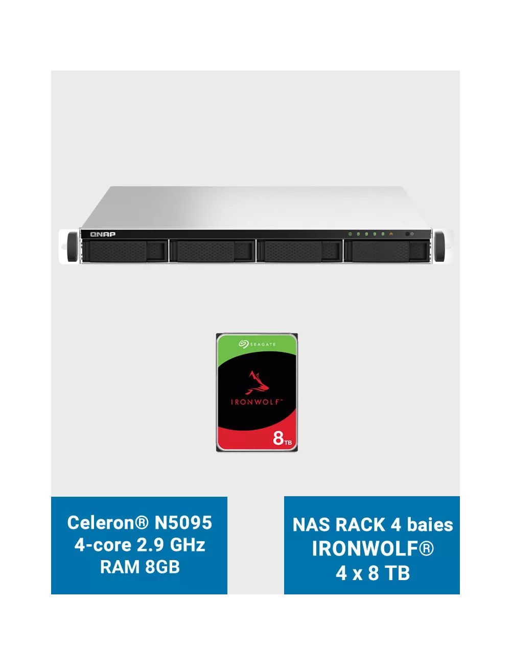 QNAP TS-464U 8GB Serveur NAS Rack 1U 4 baies IRONWOLF 32To (4x8To)