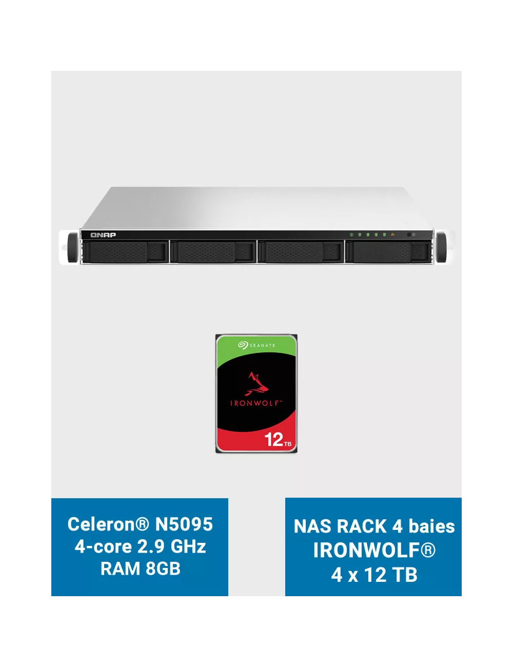 QNAP TS-464U 8GB Serveur NAS Rack 1U 4 baies IRONWOLF 48To (4x12To)