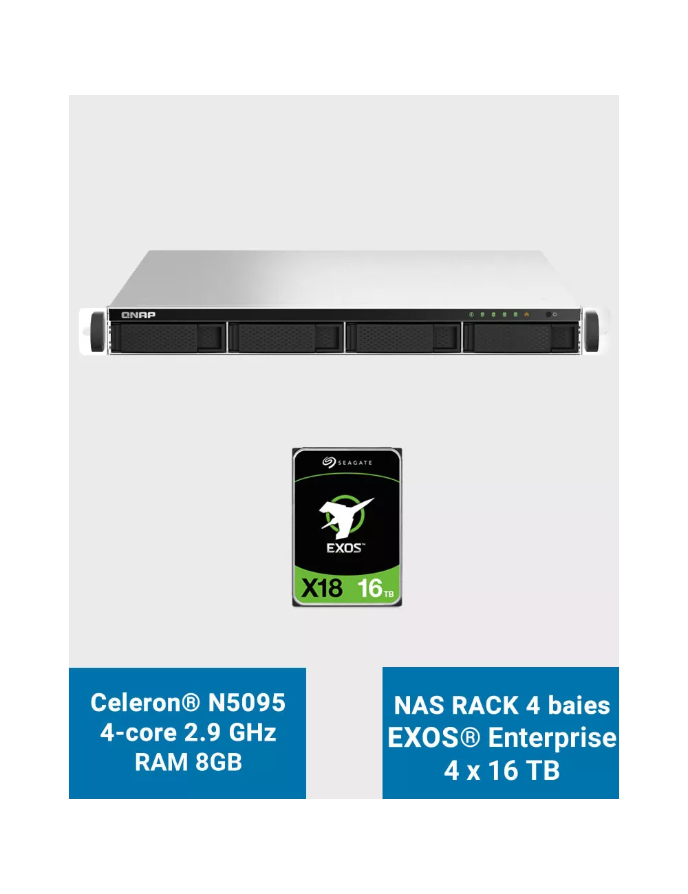 QNAP TS-464U 8GB Serveur NAS Rack 1U 4 baies EXOS Enterprise 64To (4x16To)