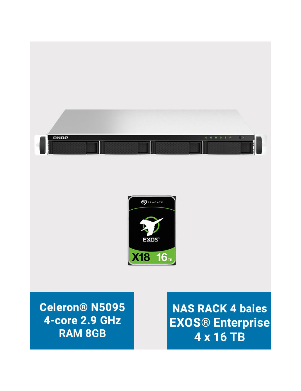 QNAP TS-464U 8GB Servidor NAS rack 1U 4 bahías EXOS Enterprise 64TB (4x16TB)
