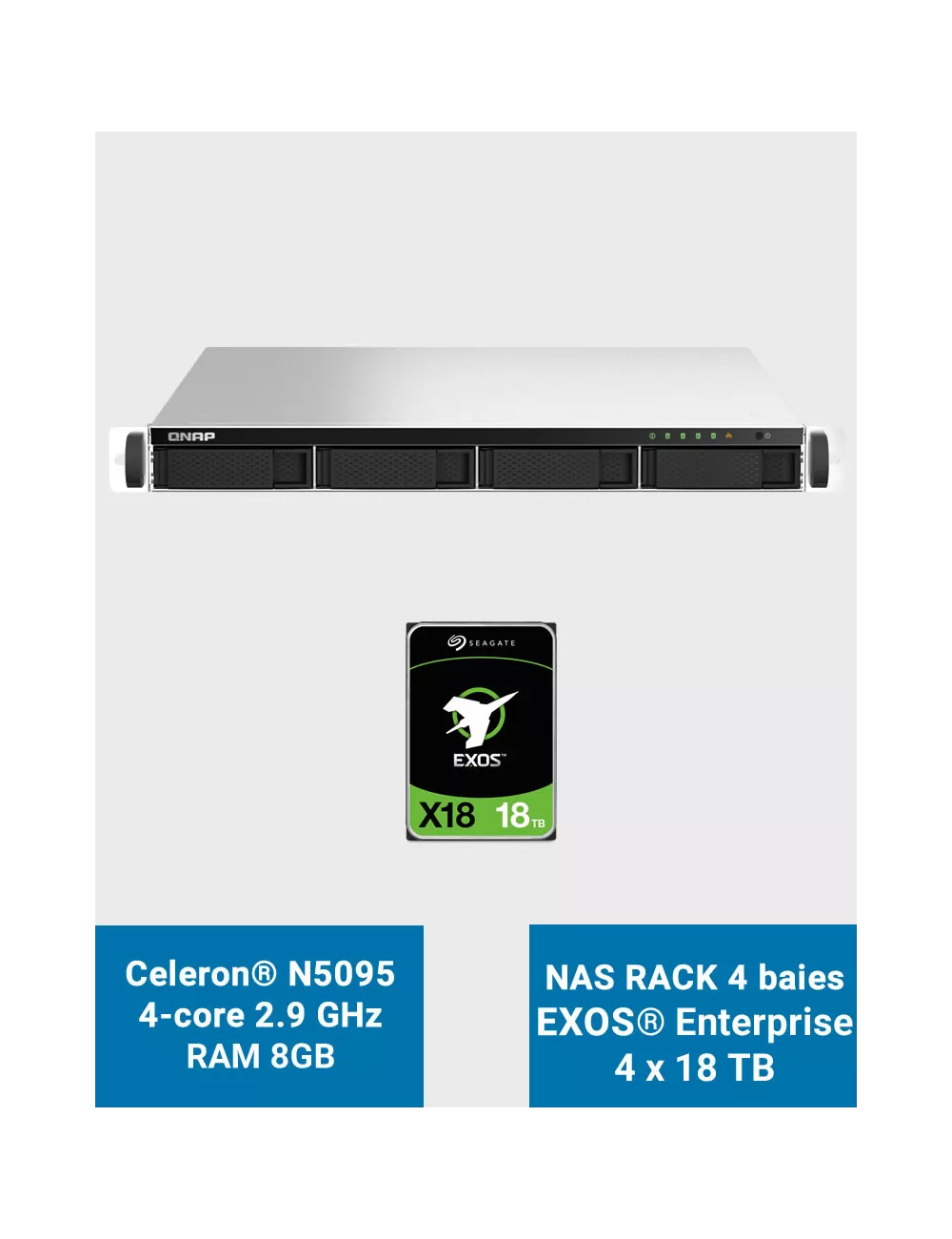 QNAP TS-464U 8GB Serveur NAS Rack 1U 4 baies EXOS Enterprise 72To (4x18To)