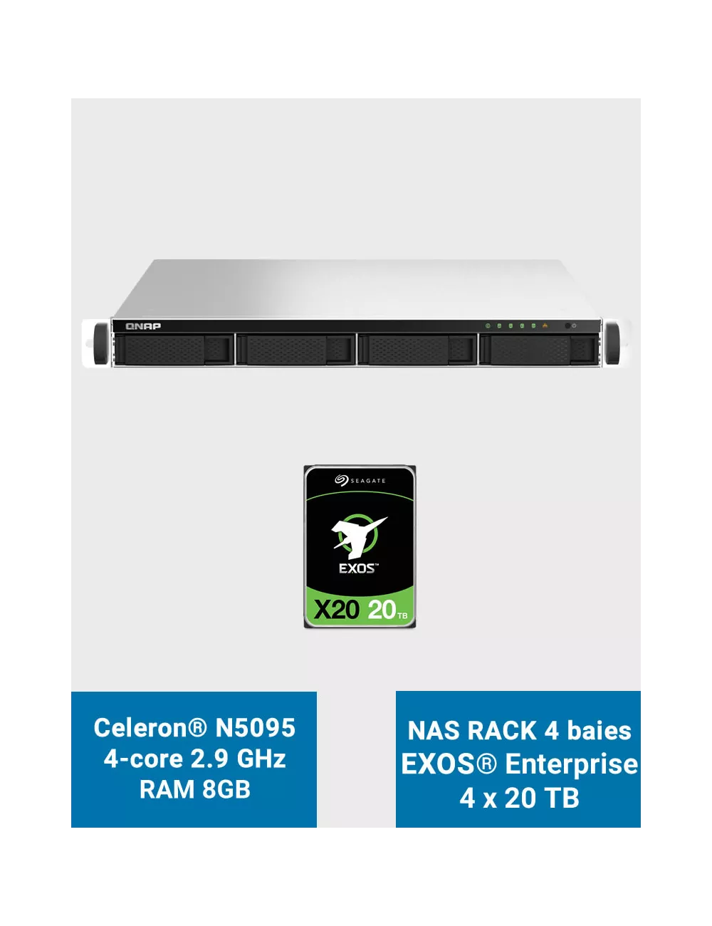 QNAP TS-464U 8GB Serveur NAS Rack 1U 4 baies EXOS Enterprise 80To (4x20To)