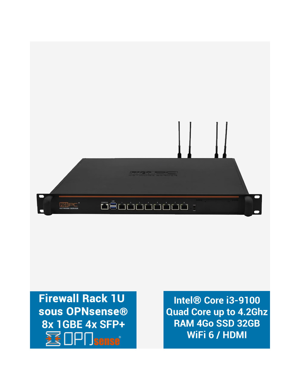 Firewall OPNsense NSHO-i3 8x LAN GbE 4x SFP+ RAM 4Go SSD 32Go