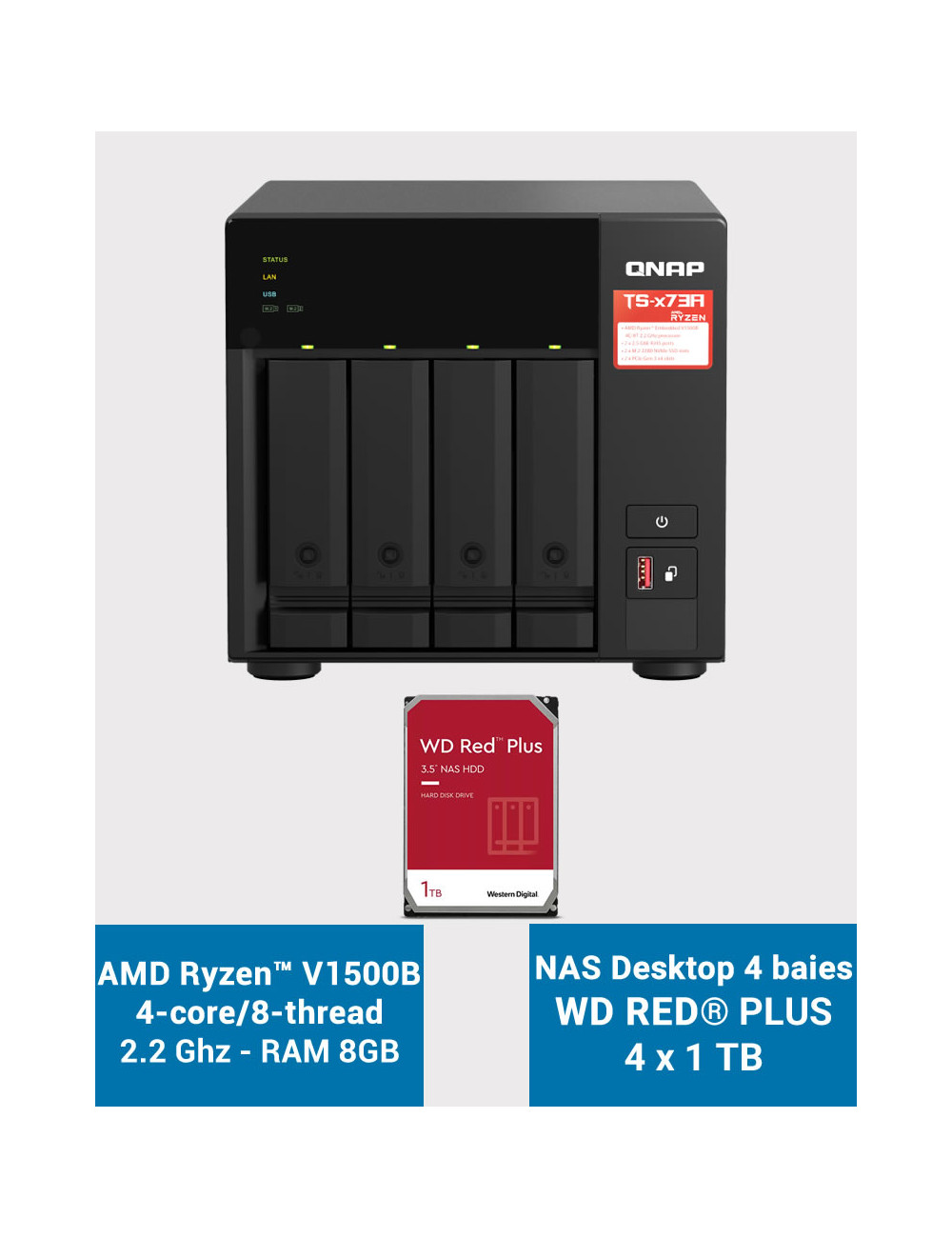 QNAP TS-473A 8GB Serveur NAS 4 baies WD RED PLUS 4To (4x1To)