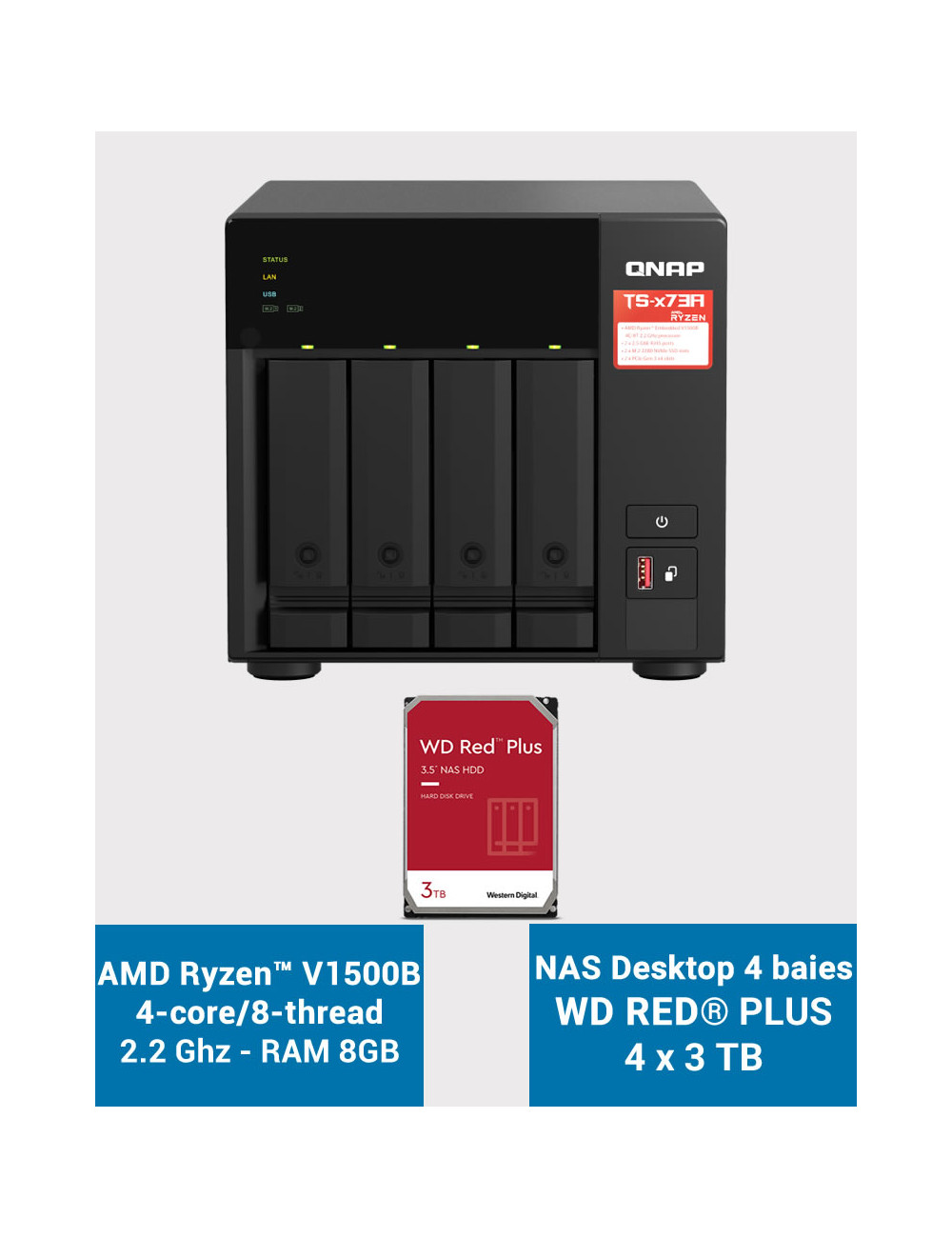 QNAP TS-473A 8GB Serveur NAS 4 baies WD RED PLUS 16To (4x4To)