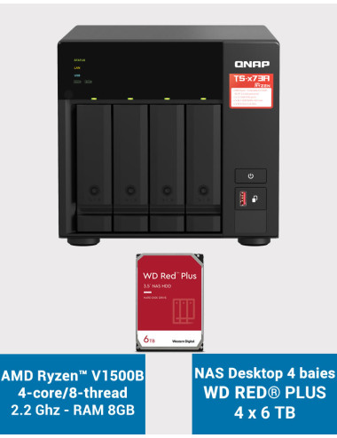 QNAP TS-473A 8GB Servidor NAS 4 bahías WD RED PLUS 24TB (4x6TB)