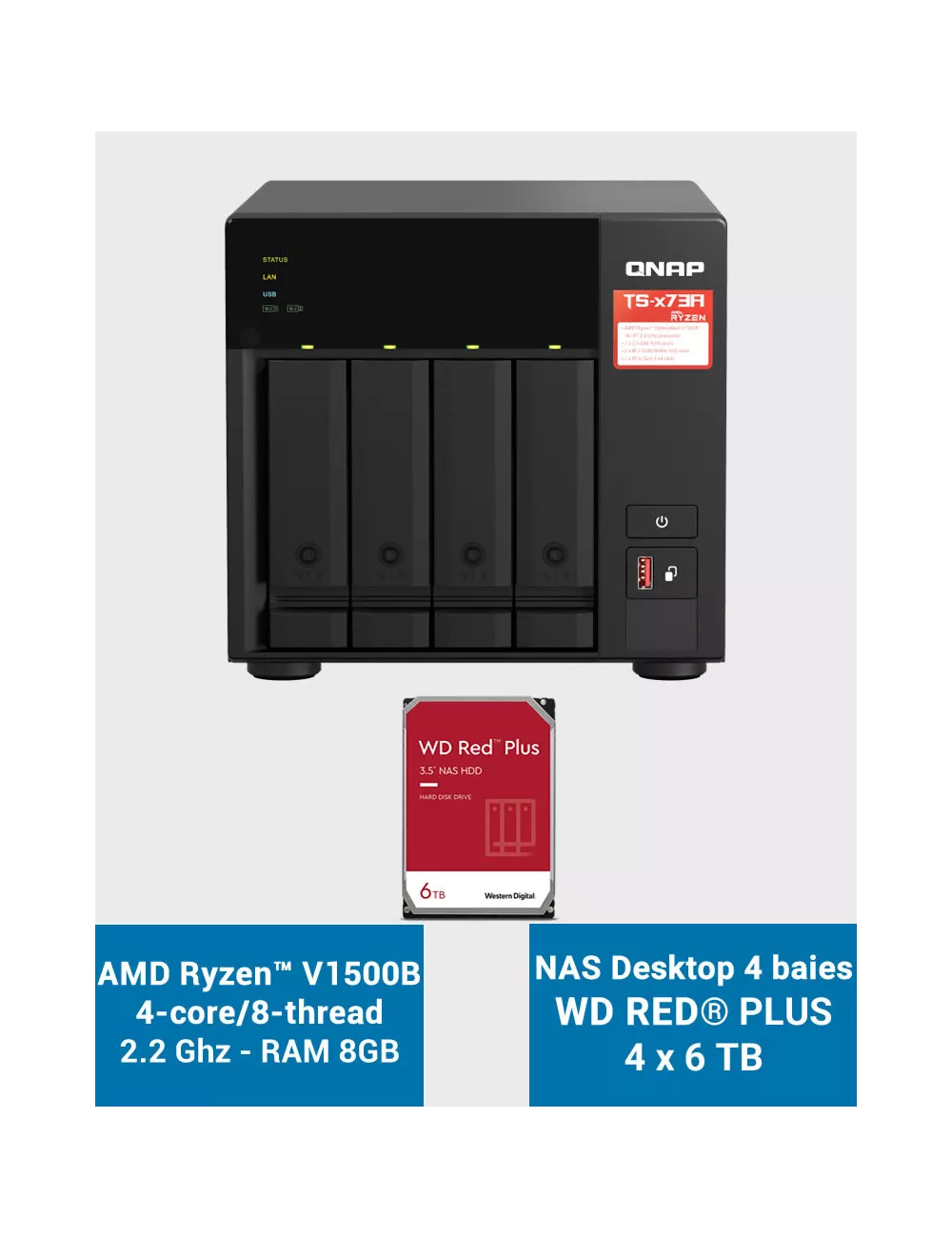 QNAP TS-473A 8GB Serveur NAS 4 baies WD RED PLUS 24To (4x6To)