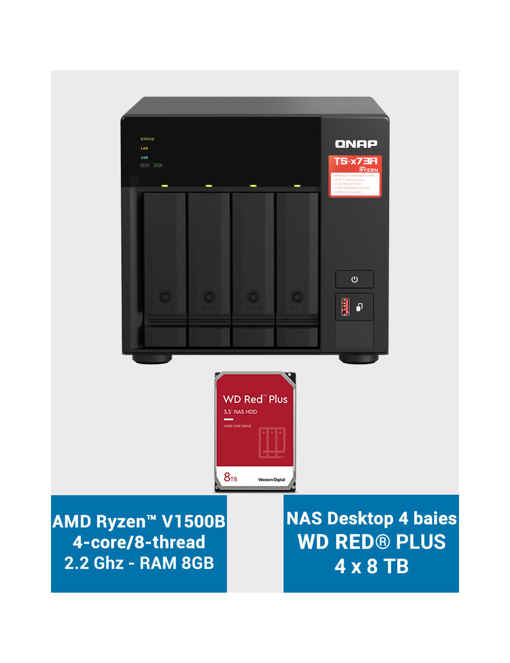 QNAP TS-473A 8GB Serveur NAS 4 baies WD RED PLUS 32To (4x8To)