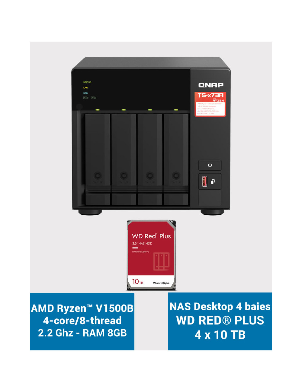 QNAP TS-473A 8GB Serveur NAS 4 baies WD RED PLUS 40To (4x10To)