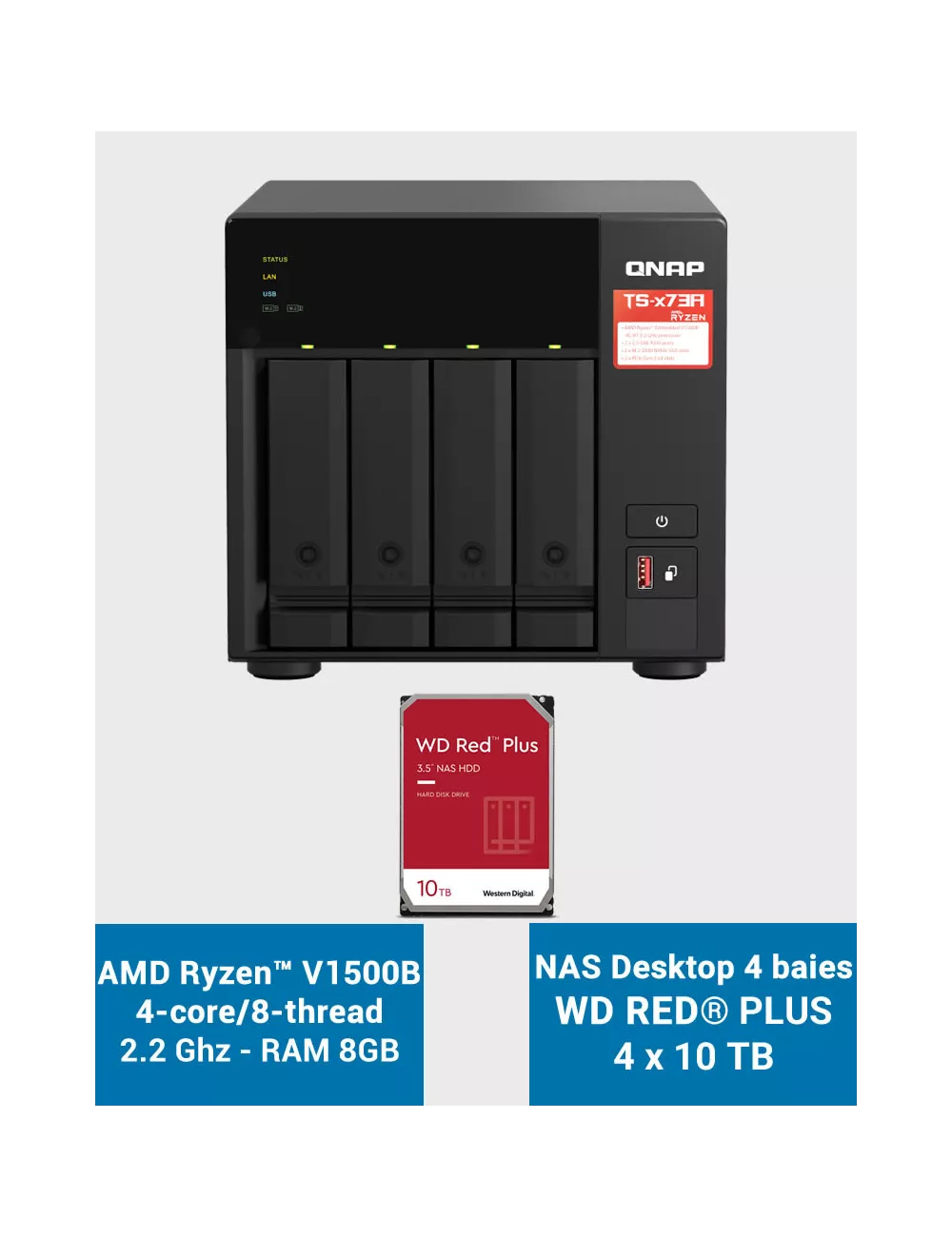 QNAP TS-473A 8GB Serveur NAS 4 baies WD RED PLUS 40To (4x10To)