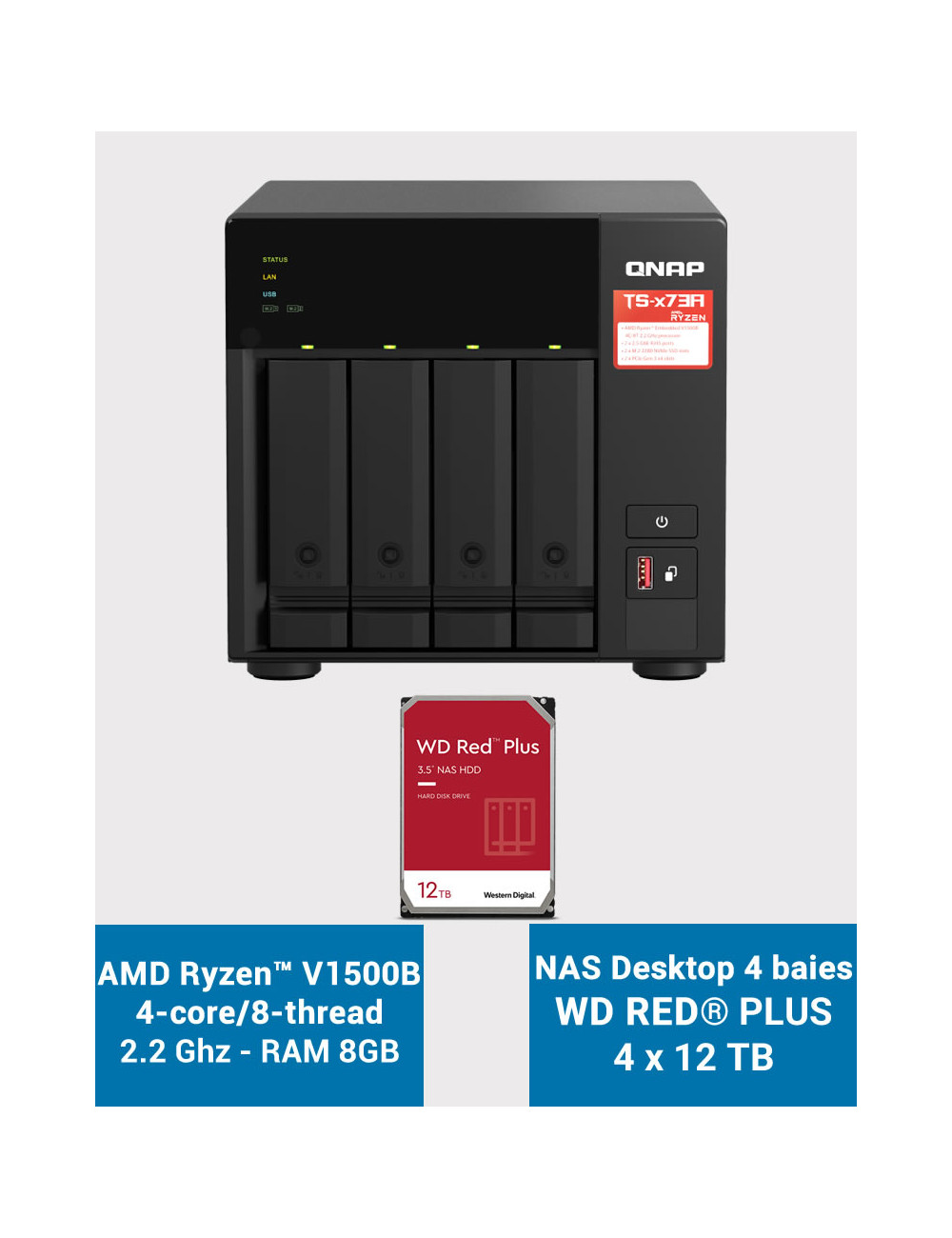 QNAP TS-473A 8GB Serveur NAS 4 baies WD RED PLUS 48To (4x12To)