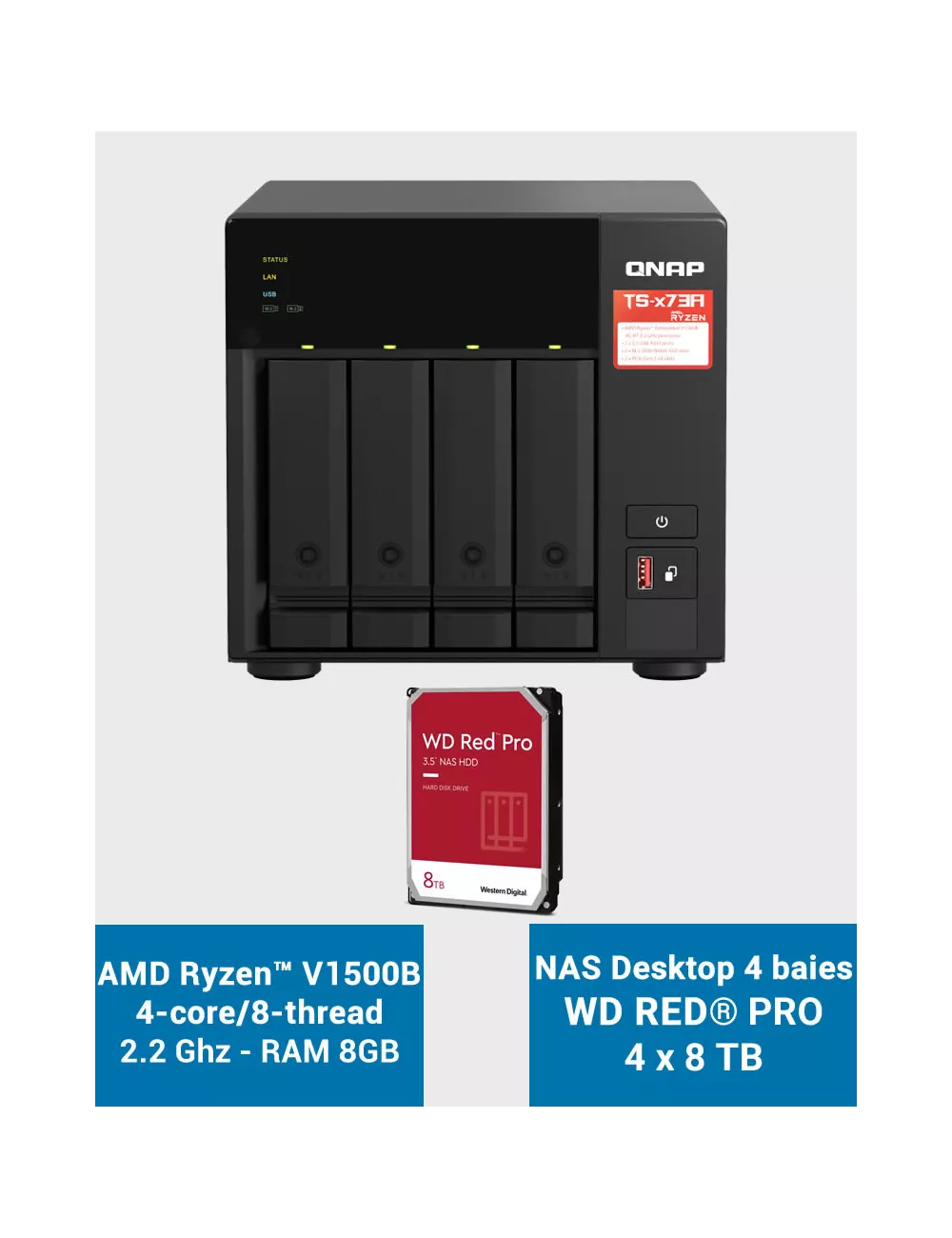 QNAP TS-473A 8GB Serveur NAS 4 baies WD RED PRO 32To (4x8To)