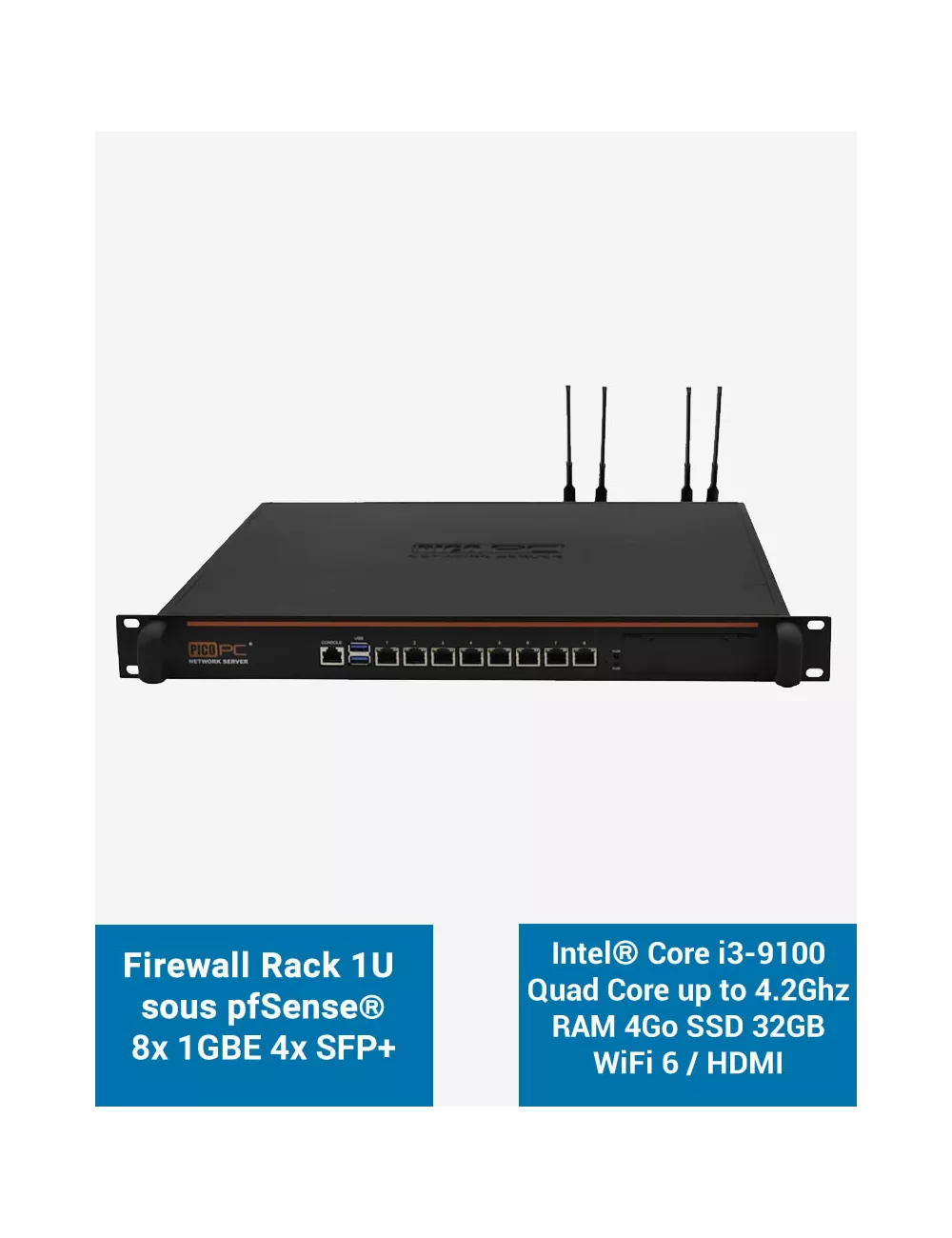 Firewall pfSense NSHO-i3 8x LAN GbE 4x SFP+ RAM 4Go SSD 32Go