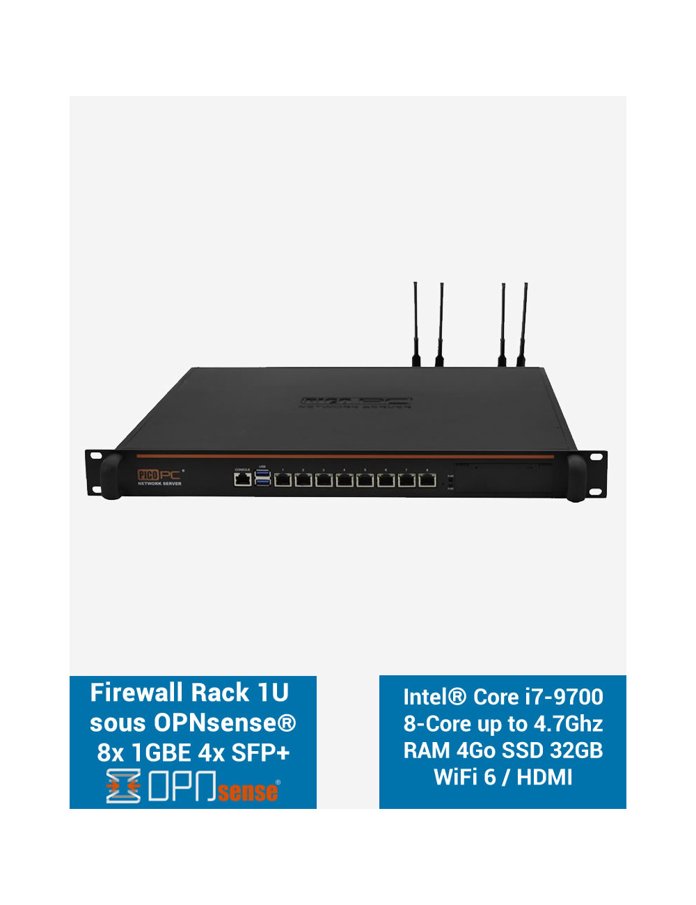 Firewall OPNsense NSHO-i7 8x LAN GbE 4x SFP+ RAM 4Go SSD 32Go