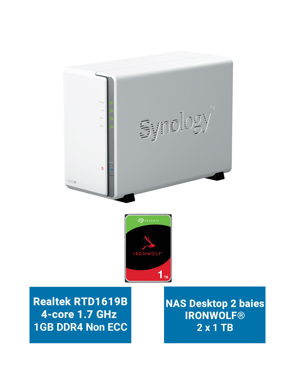 Synology DiskStation DS223J Serveur NAS IRONWOLF 2To (2x1To)