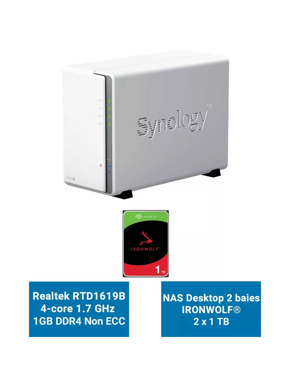 Synology DiskStation DS223J Serveur NAS IRONWOLF 2To (2x1To)