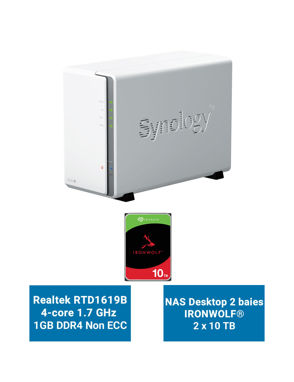 Synology DiskStation DS223J Servidor NAS IRONWOLF 20TB (2x10TB)