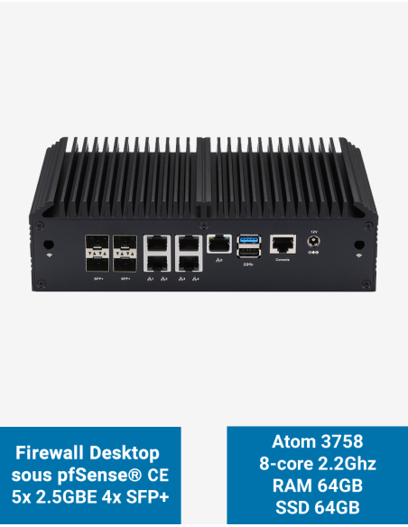 Cortafuegos pfSense Q2x Celeron C3758 5x2.5G 4xSFP+ 64GB SSD 64GB