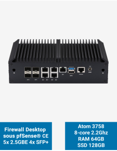 Cortafuegos pfSense Q2x Celeron C3758 5x2.5G 4xSFP+ 64GB SSD 128GB