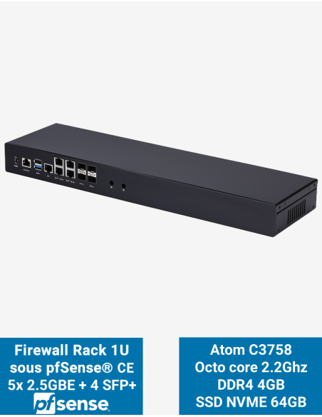 Firewall pfSense R2x Rack 1U Celeron C3758 5x2.5G 4xSFP+ 4GB SSD 64GB