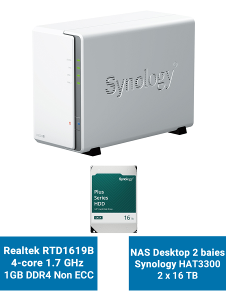 Synology DiskStation DS223J Serveur NAS HAT3300 32To (2x16To)