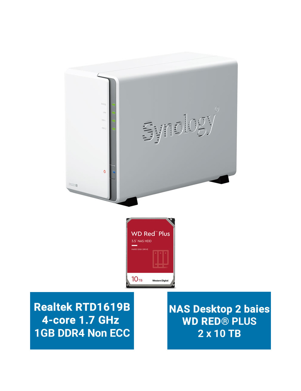 Synology DiskStation DS223J Serveur NAS WD RED PLUS 20To (2x10To)