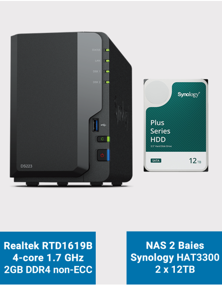 Synology DS223 Serveur NAS HAT3300 24To (2x12To)