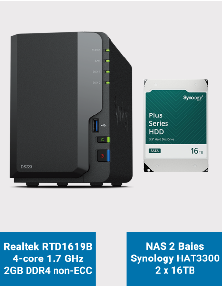 Synology DS223 Serveur NAS HAT3300 32To (2x16To)