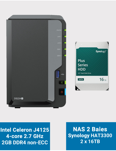 Synology DiskStation DS224+ 2Go Serveur NAS HAT3300 32To (2x16To)