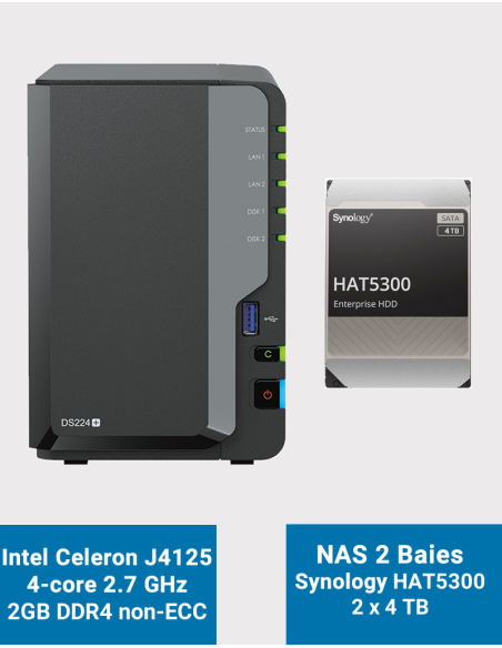 Synology DiskStation DS224+ 2Go Serveur NAS HAT5300 8To (2x4To)