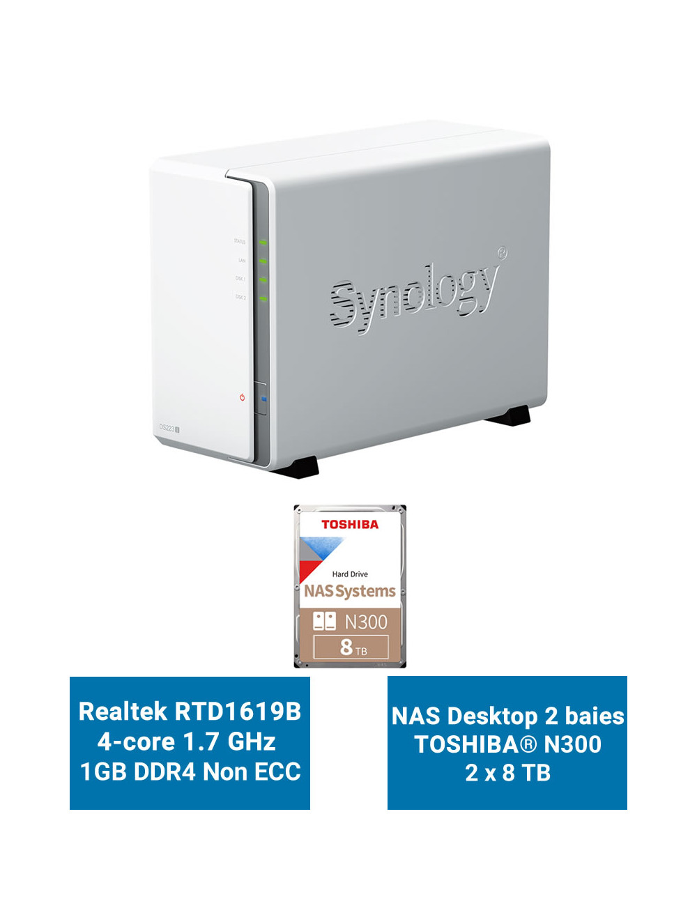 Synology DiskStation DS223J Servidor NAS Toshiba N300 16TB (2x8TB)