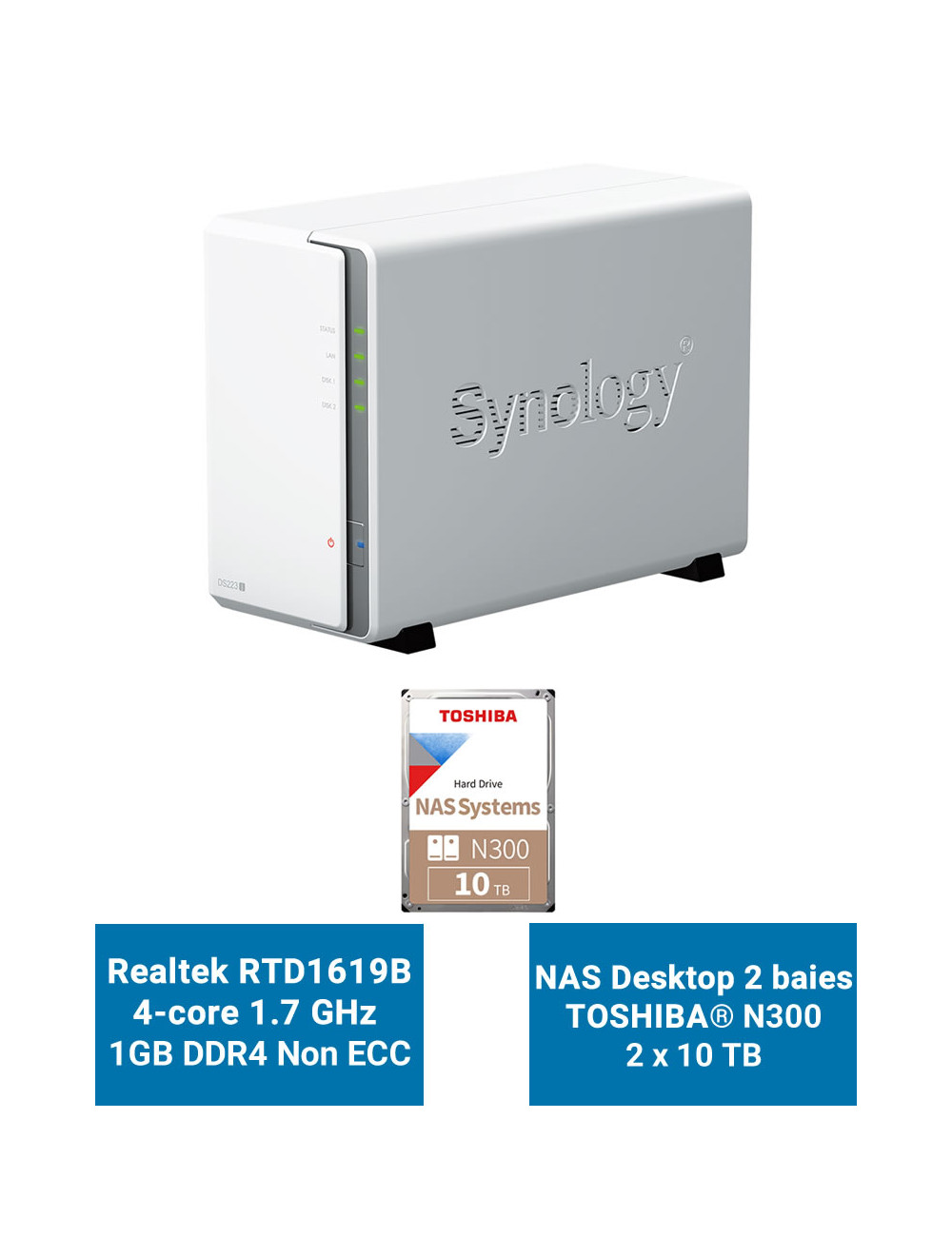 Synology DiskStation DS223J Serveur NAS Toshiba N300 20To (2x10To)