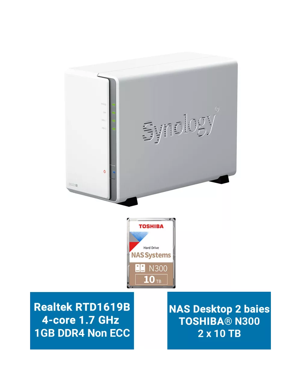 Synology DiskStation DS223J Serveur NAS Toshiba N300 20To (2x10To)