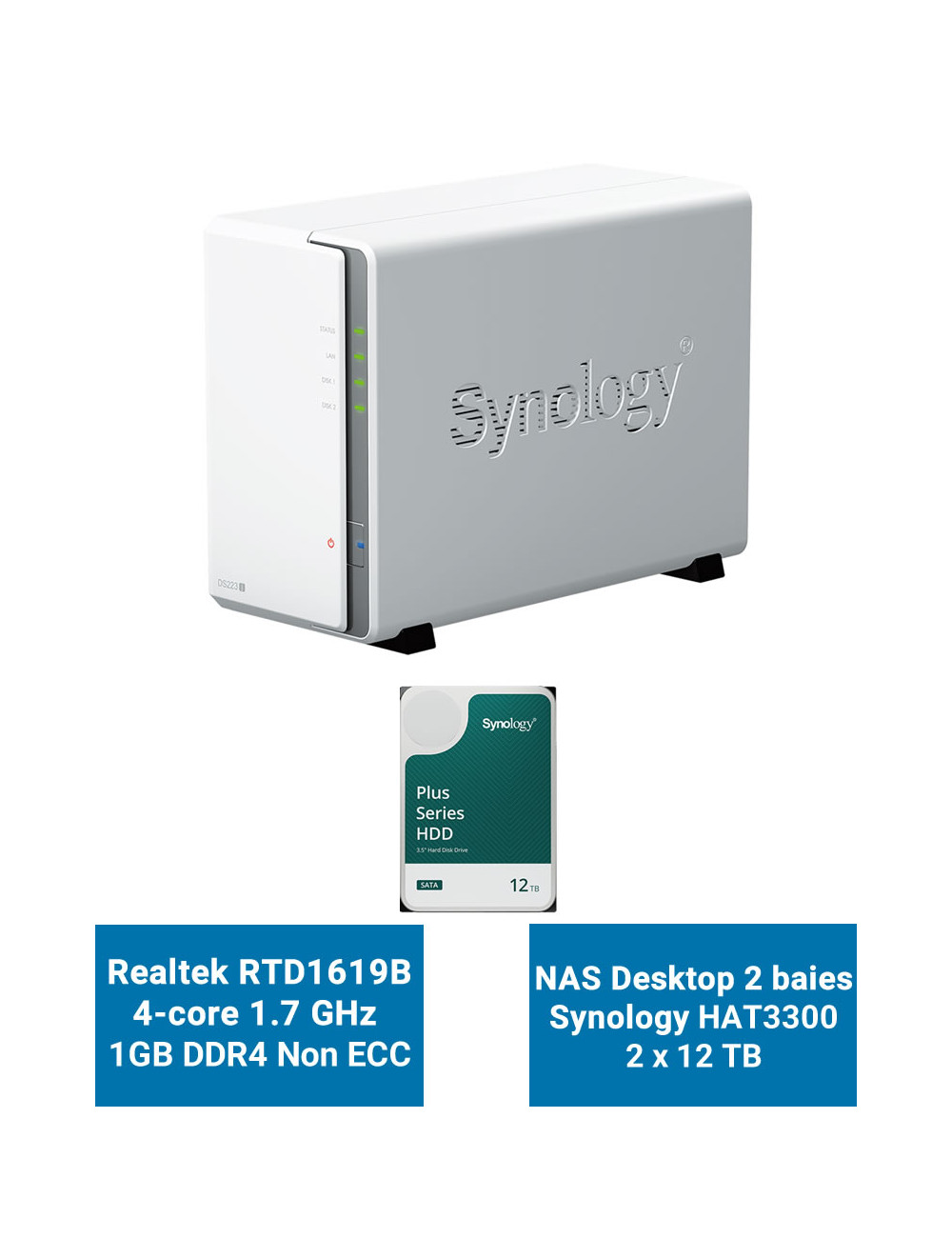Synology DiskStation DS223J Servidor NAS HAT3300 24TB (2x12TB)