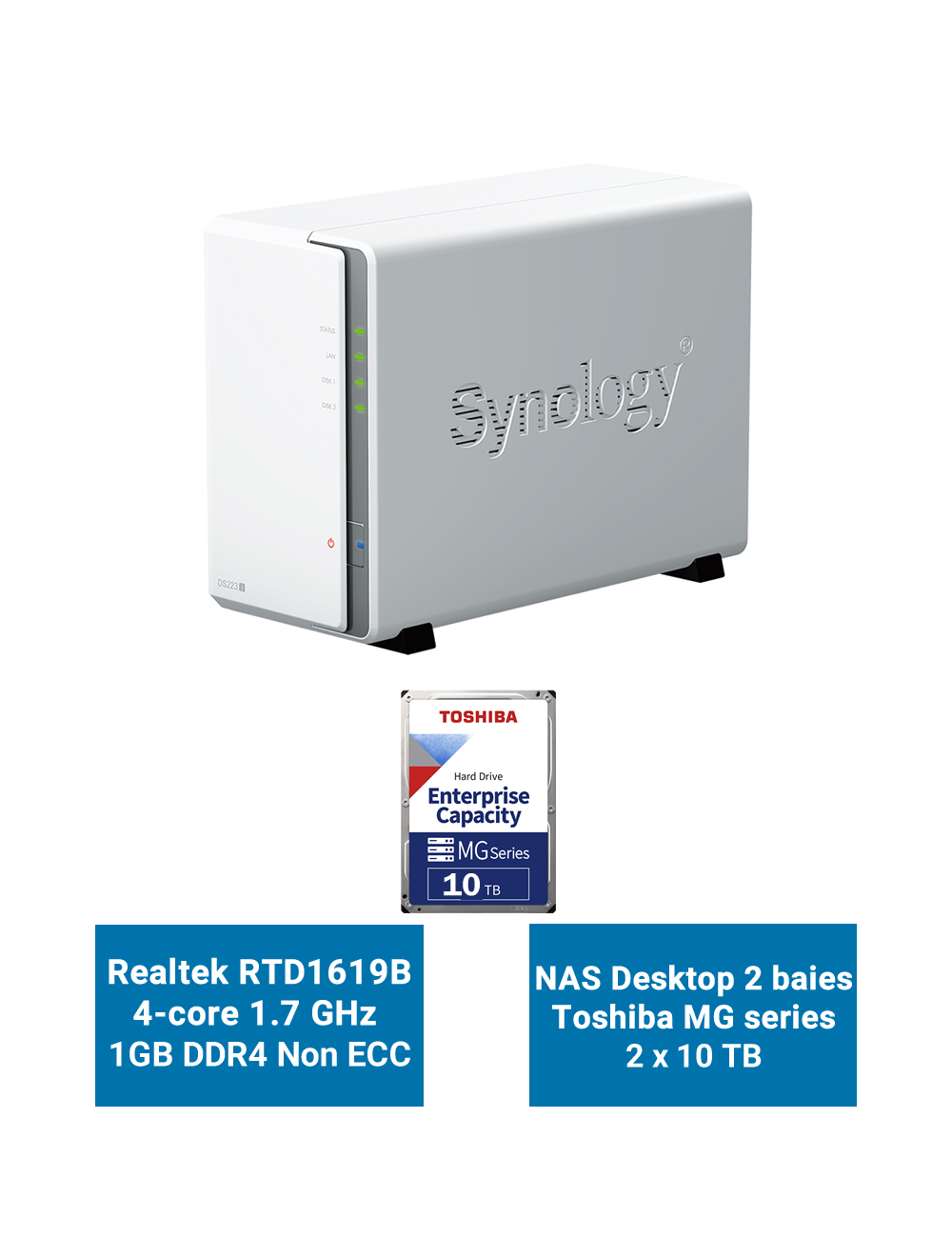 Synology DiskStation DS223J Serveur NAS Toshiba MG series 20To (2x10To)