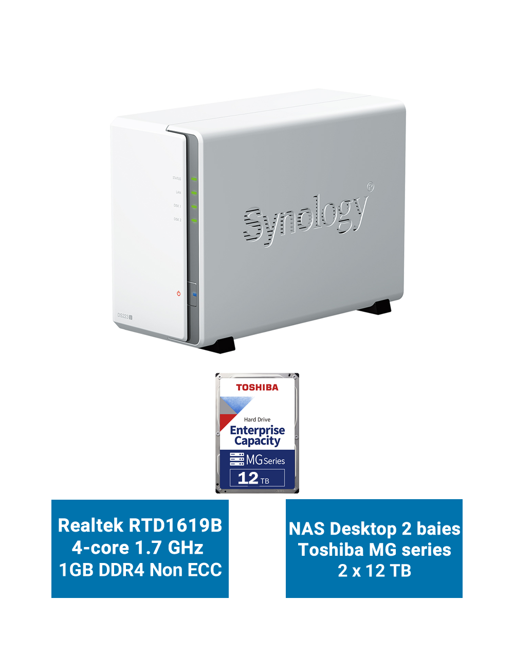 Synology DiskStation DS223J Serveur NAS Toshiba MG series 24To (2x12To)