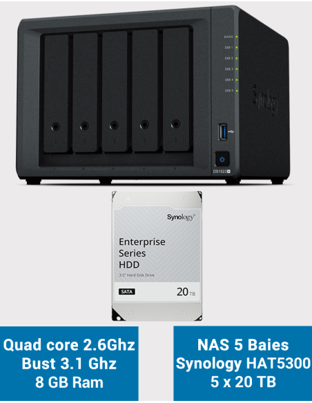 Synology DiskStation DS1522+ Servidor NAS HAT5300 100TB (5x20TB)