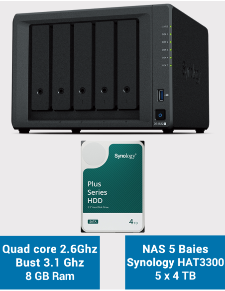 Synology DiskStation DS1522+ Servidor NAS HAT3300 20TB (5x4TB)