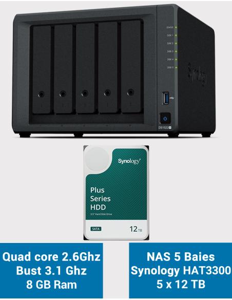 Synology DiskStation DS1522+ Servidor NAS HAT3300 60TB (5x12TB)