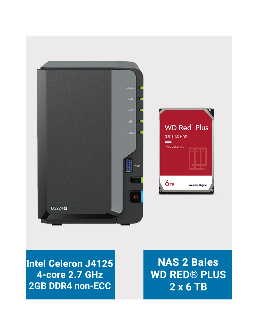 Synology DiskStation DS224+ 2GB Servidor NAS WD RED PLUS 12TB (2x6TB)