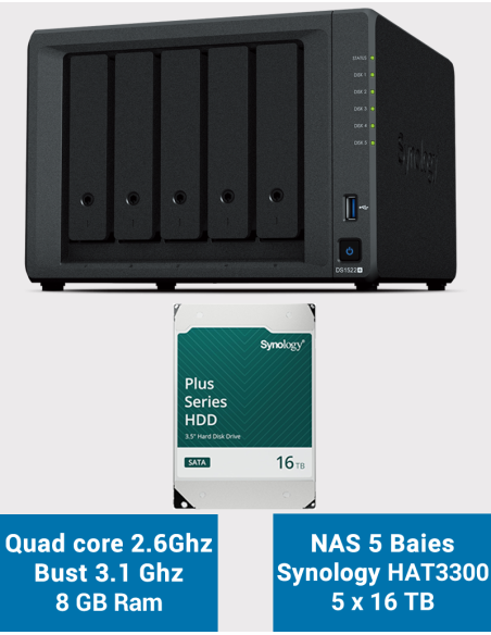 Synology DiskStation DS1522+ NAS Server HAT3300 80TB (5x16TB)