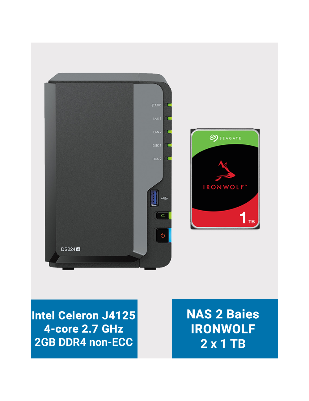 Synology DiskStation DS224+ 2Go Serveur NAS IRONWOLF 2To (2x1To)