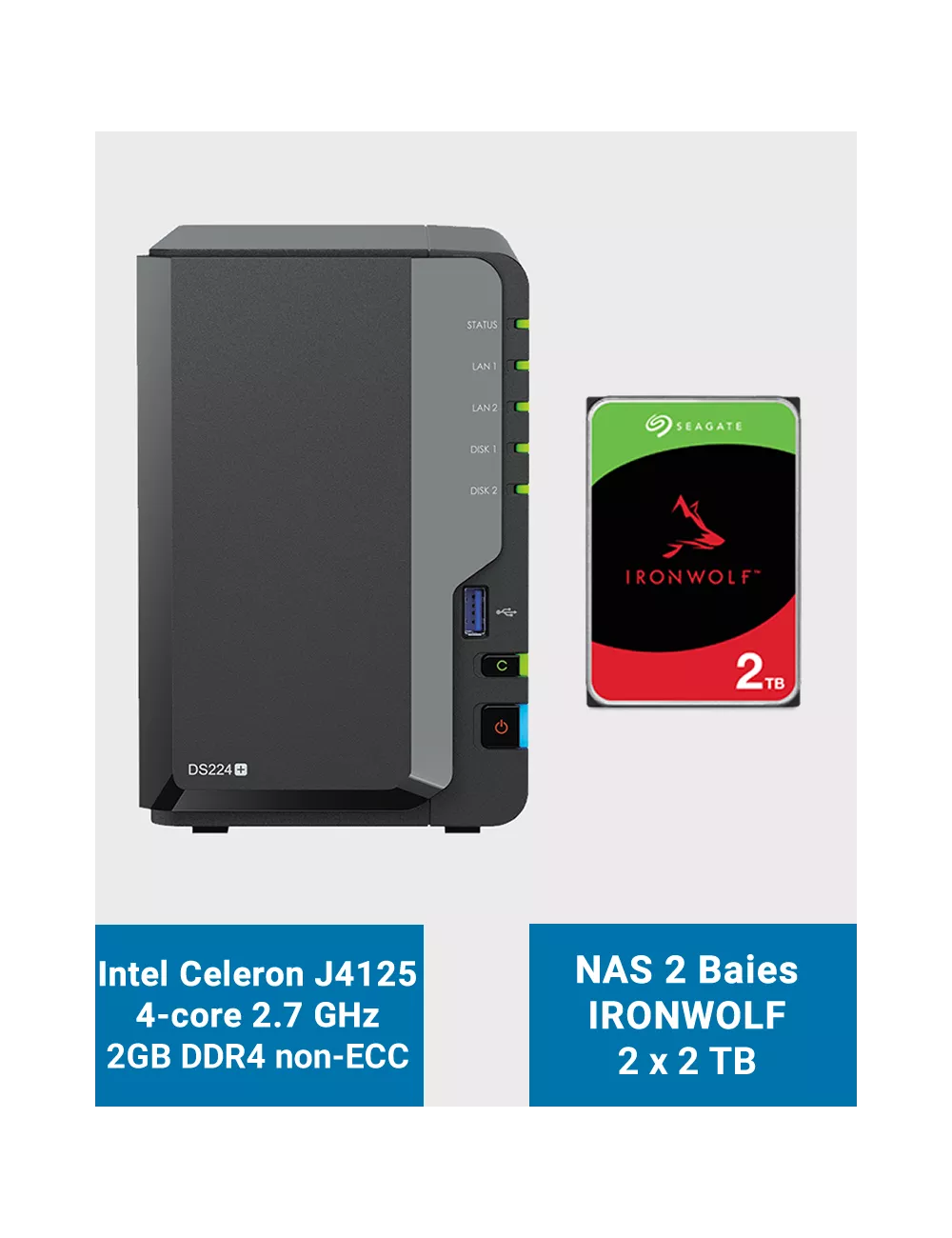 Synology DiskStation DS224+ 2Go Serveur NAS IRONWOLF 4To (2x2To)