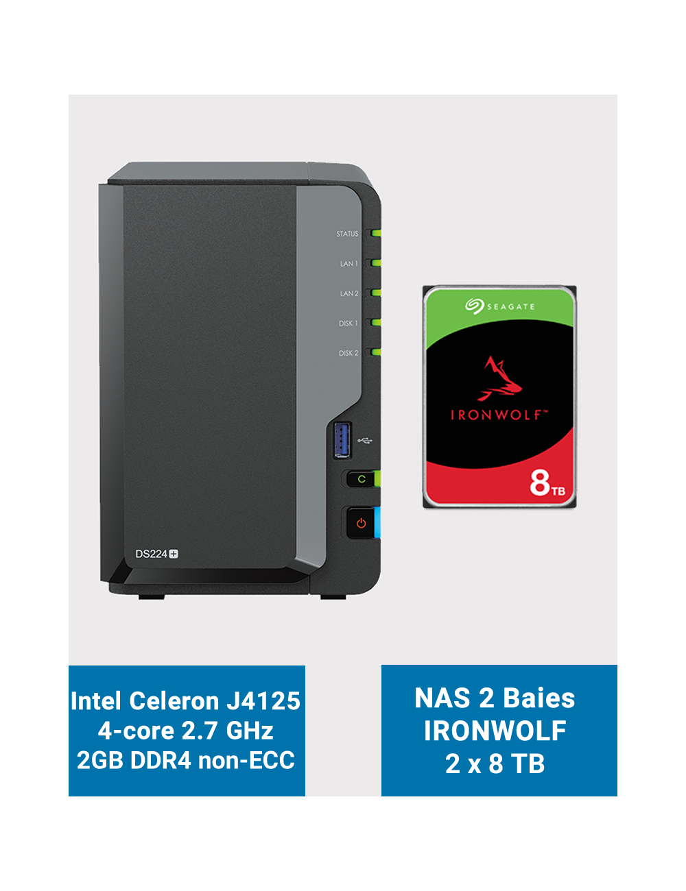 Synology DiskStation DS224+ 2Go Serveur NAS IRONWOLF 16To (2x8To)