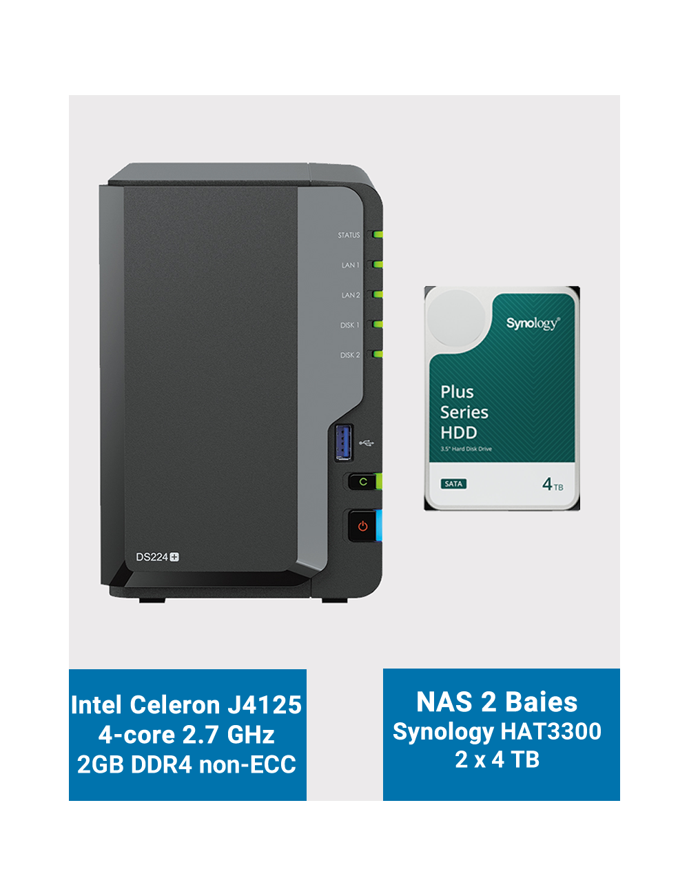 Synology DiskStation DS224+ 2Go Serveur NAS HAT3300 8To (2x4To)
