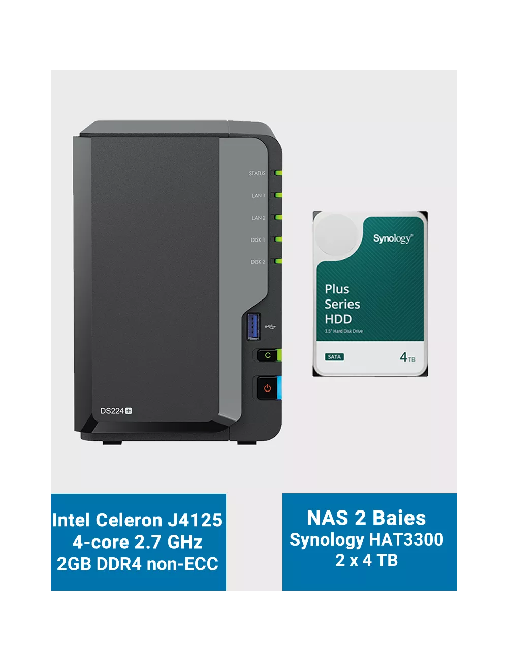 Synology DiskStation DS224+ 2Go Serveur NAS HAT3300 8To (2x4To)